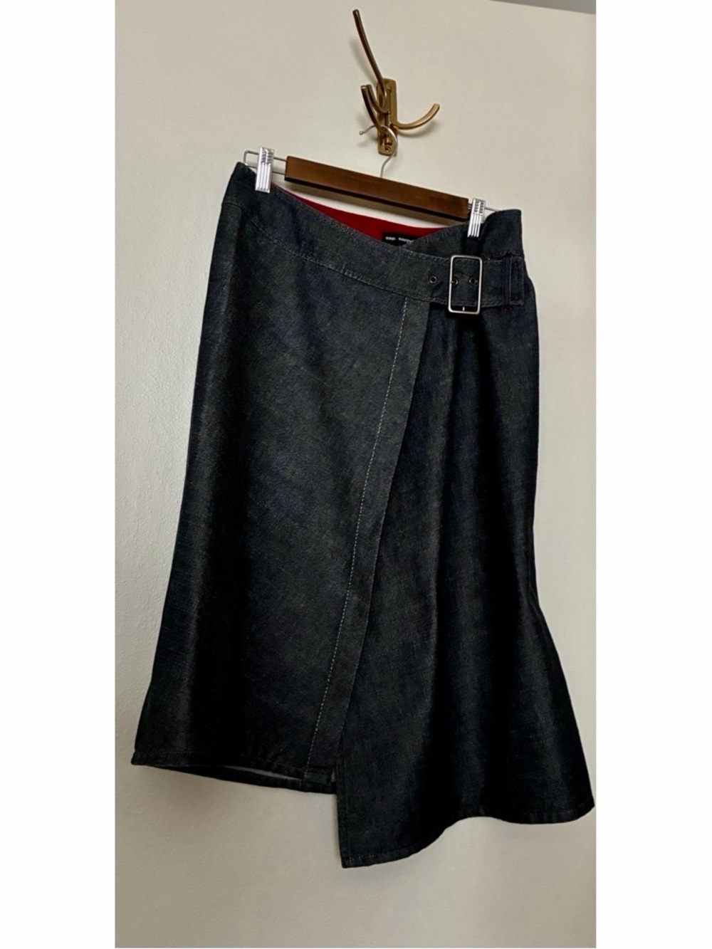 Cop. Copine Paris France Vintage Denim Asymmetrical Wrap Midi Skirt With Buckle